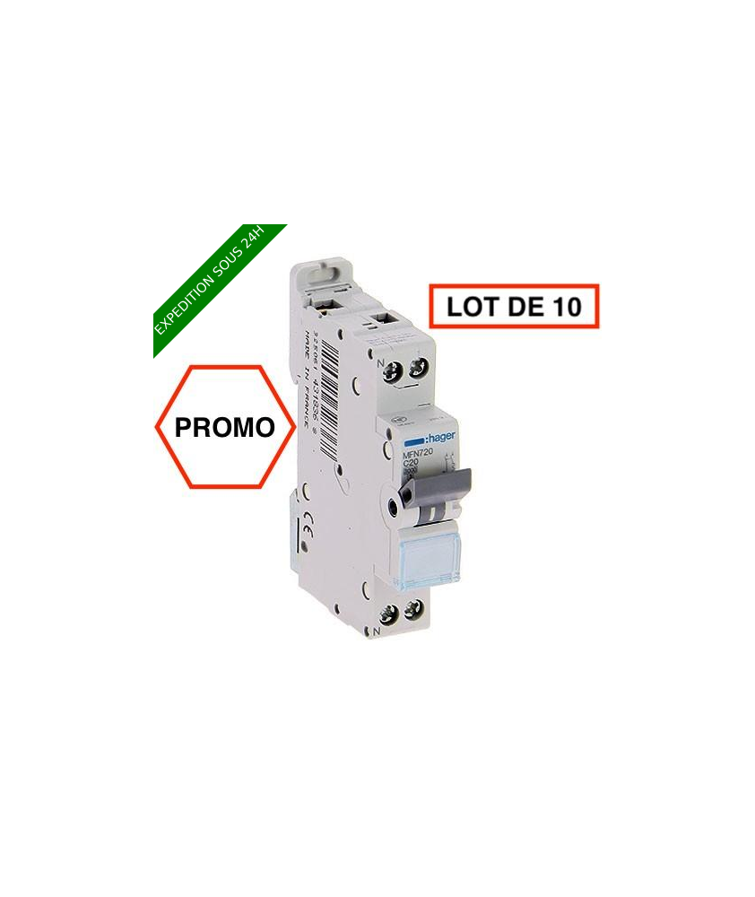 LOT DE 10 // HAGER Disjoncteur 20A Ph+N courbe C 3kA 230V - MFN720