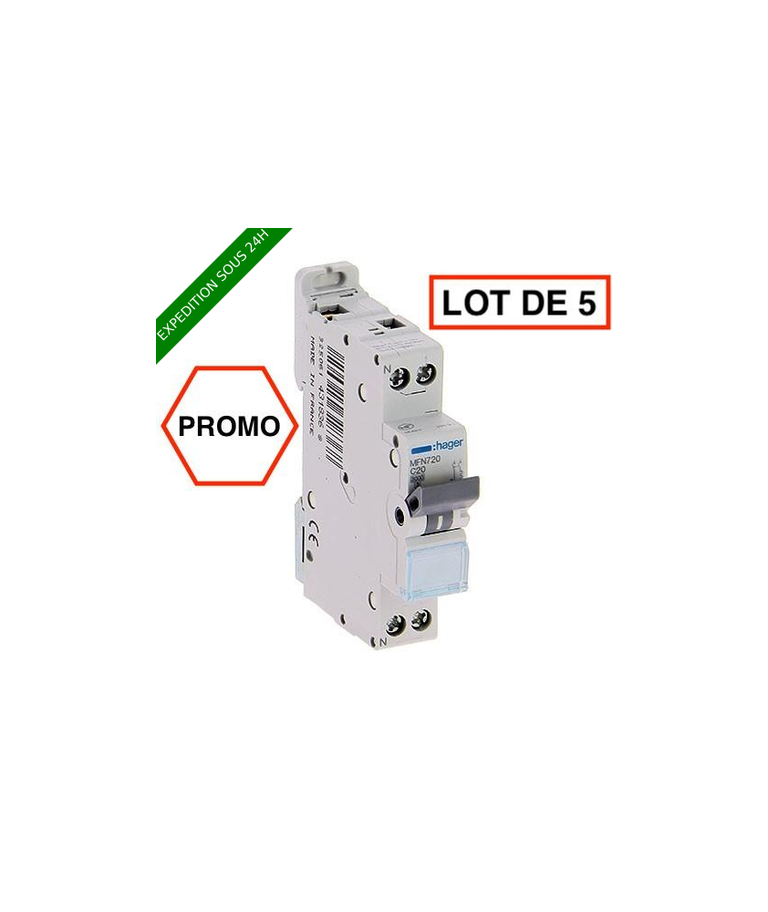 LOT DE 5 // HAGER Disjoncteur 20A Ph+N courbe C 3kA 230V - MFN720