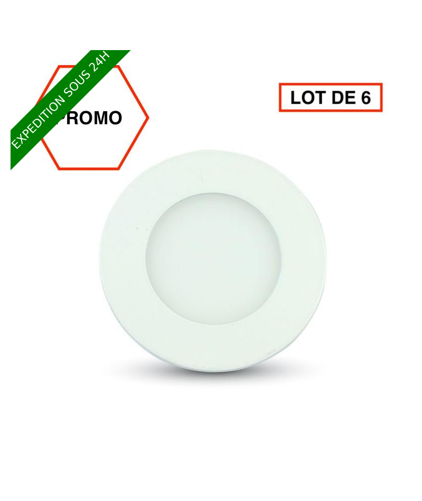 LOT DE 6 PIÈCES //Spot led encastré rond 3W blanc froid 6000k V-TAC