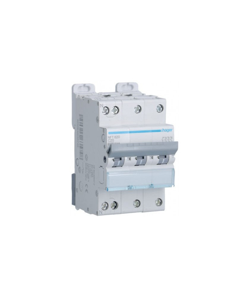 Hager - Disjoncteur 3P+N 6-10kA courbe C - 20A 3 modules - Réf : NFT820