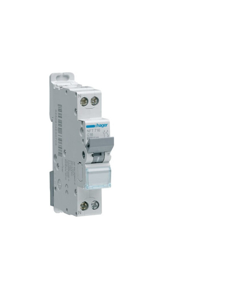 HAGER NFT716 DISJONCTEUR, 1P+N, 6-10KA, COURBE C, 16A ,1 MODULE