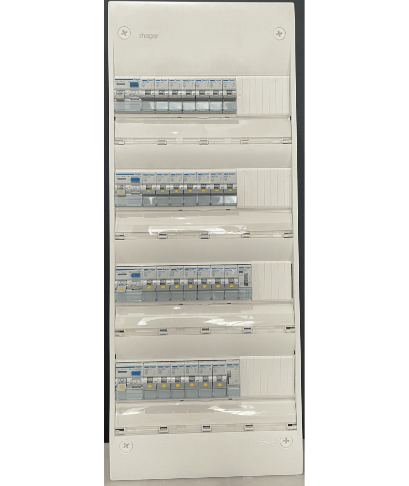 Tableau électrique hager 4 rangée  équipé et pré-câblé  27 disjoncteurs jours nuit et télérupteur