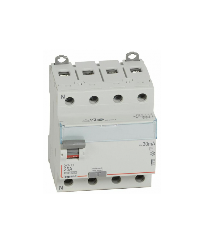 Interrupteur différentiel DX³-ID arrivée haute et départ bas à vis - 4P 400V~ 25A typeAC 30mA - 4 modules réf : 411660