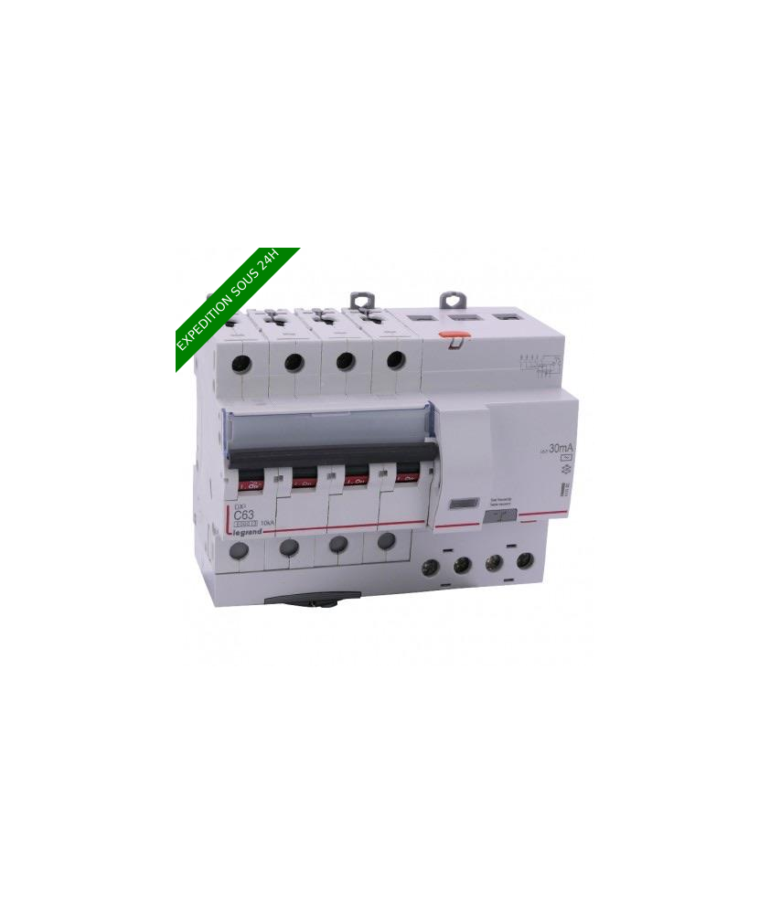 Legrand - Disjoncteur diff DX³ 6000 - vis/vis - 4P 400V~ - 63A - type AC 30mA - courbe C - 7 mod - Réf : 411192
