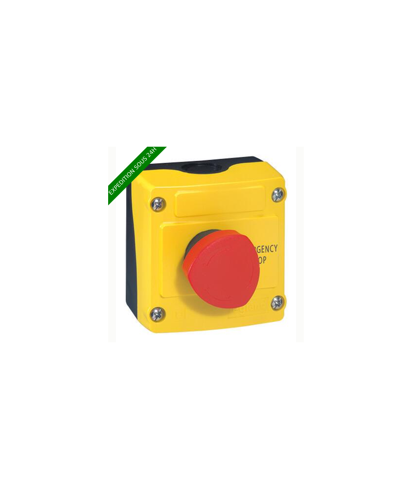 Boîte à bouton équipée Osmoz avec coup de poing coupure d'urgence rouge pousser-tourner Ø40 - avec couvercle jaune
