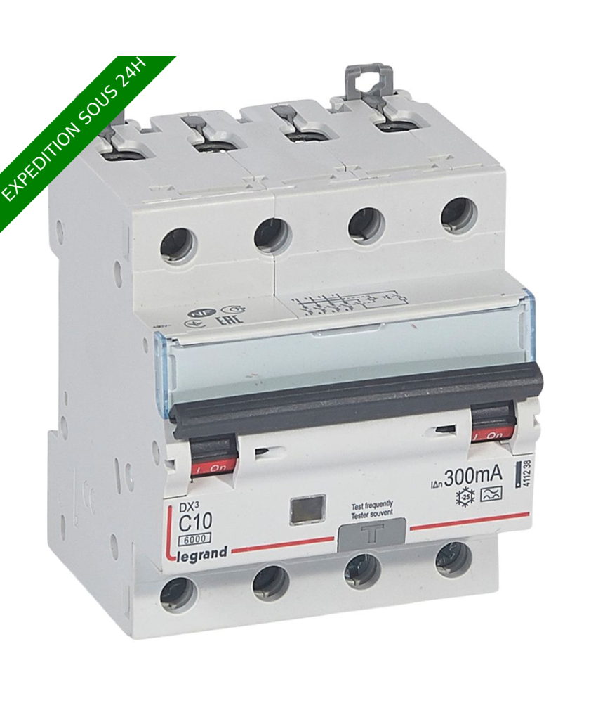 Disjoncteur différentiel monobloc DX³6000 10kA arrivée haute et départ bas à vis 4P 400V~ - 10A - typeA 300mA réf : 411238