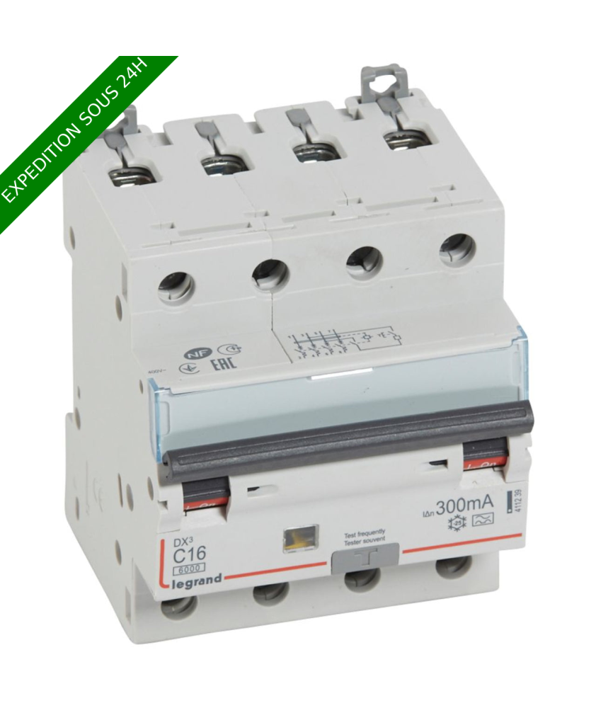 Disjoncteur différentiel monobloc DX³6000 10kA arrivée haute et départ bas à vis 4P 400V~ - 16A - typeA 300mA réf : 411239