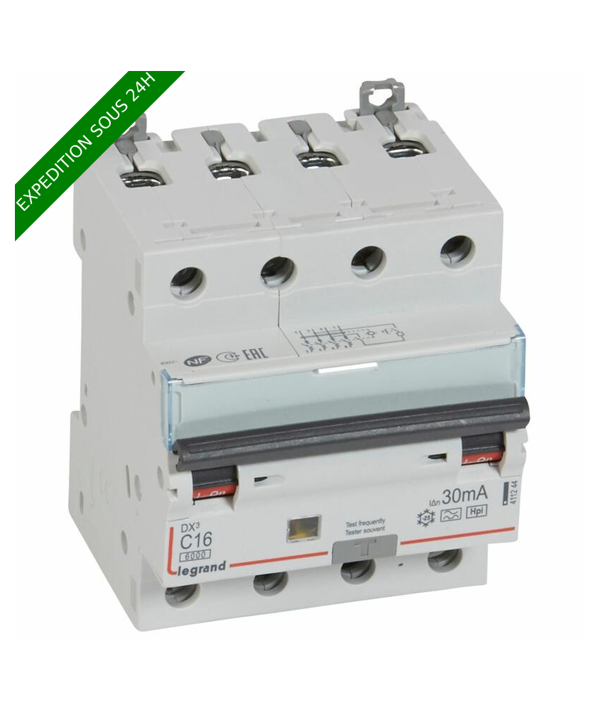 Disjoncteur différentiel monobloc DX³6000 10kA arrivée haute et départ bas à vis 4P 400V~ - 16A - typeF 30mA réf : 411244