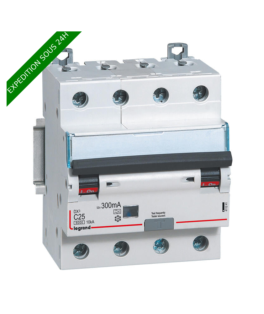 Disjoncteur différentiel monobloc DX³6000 10kA arrivée haute et départ bas à vis 4P 400V~ - 25A - typeA 300mA réf : 411241