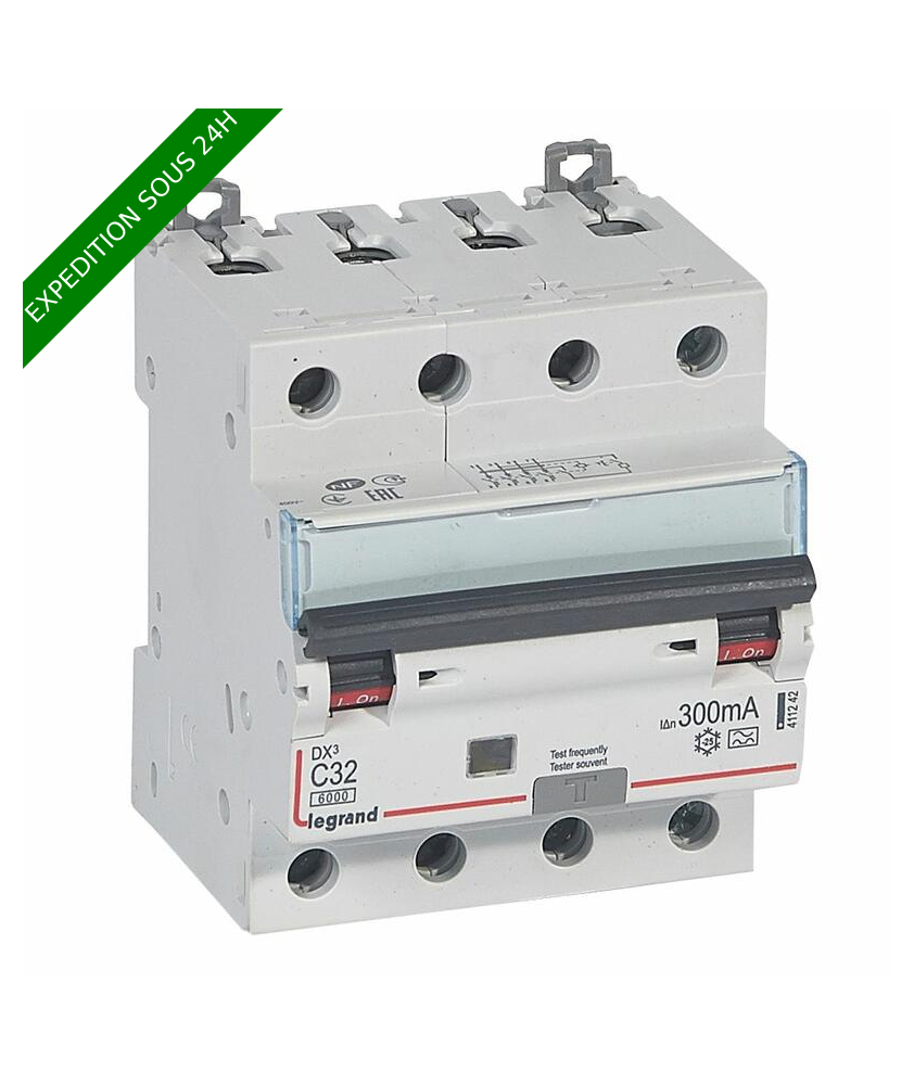 Disjoncteur différentiel monobloc DX³6000 10kA arrivée haute et départ bas à vis 4P 400V~ - 32A - typeA 300mA réf : 411242