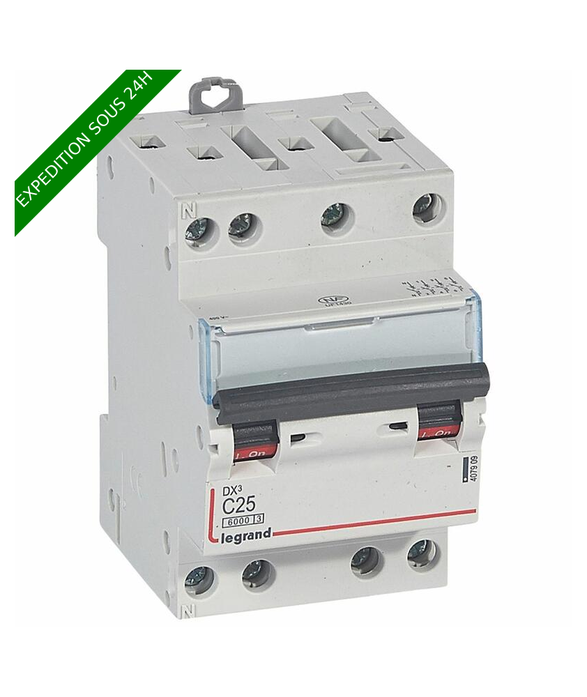 Disjoncteur DX³6000 10kA arrivée haute et départ bas à vis 4P 400V~ - 25A - courbe C - pour peigne HX³ optimisé : ref 4079