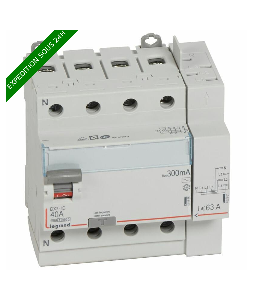 Interrupteur différentiel DX³-ID arrivée haut à vis et départ haut automatique - 4P 400V~ 40A typeAC 300mA - 5 modules réf