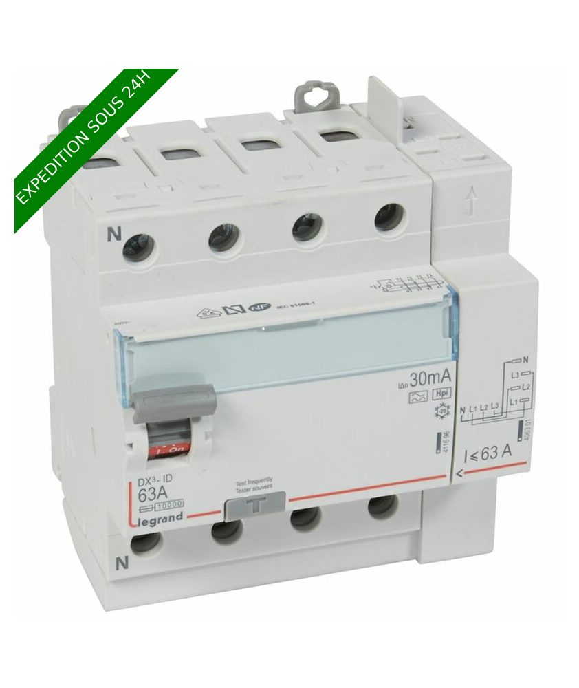 Interrupteur différentiel DX³-ID arrivée haut à vis et départ haut automatique - 4P 400V~ 63A typeF 30mA - 5 modules réf :