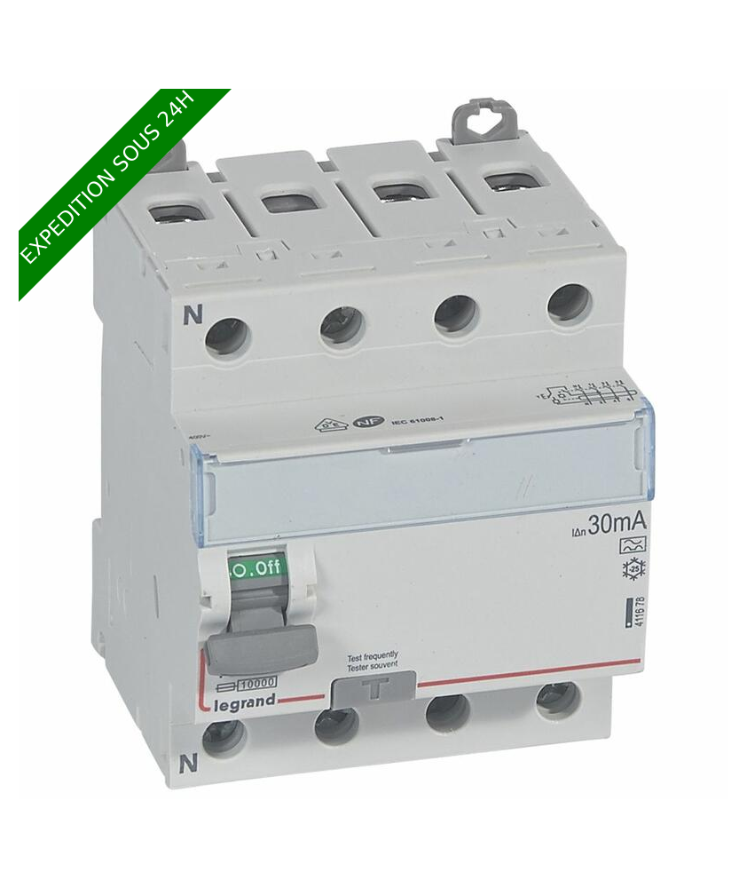 Interrupteur différentiel DX³-ID arrivée haute et départ bas à vis - 4P 400V~ 100A typeA 30mA - 4 modules réf : 411678