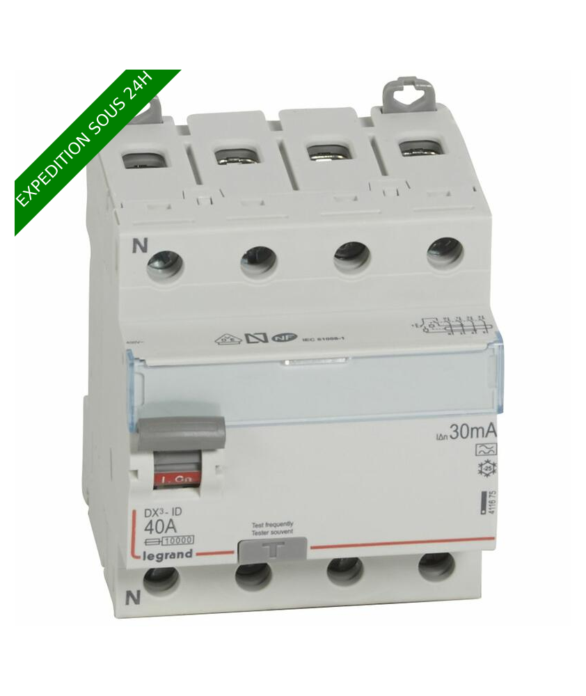 Interrupteur différentiel DX³-ID arrivée haute et départ bas à vis - 4P 400V~ 40A typeA 30mA - 4 modules réf : 411675