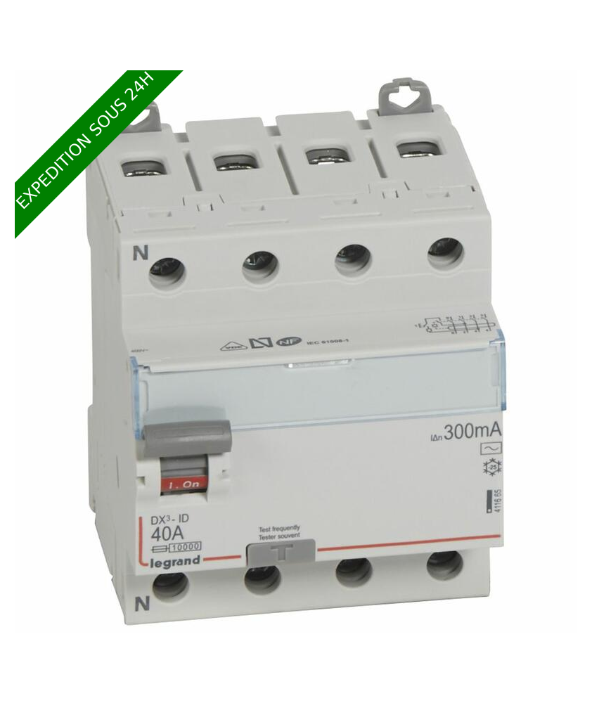 Interrupteur différentiel DX³-ID arrivée haute et départ bas à vis - 4P 400V~ 40A typeAC 300mA - 4 modules réf : 411665