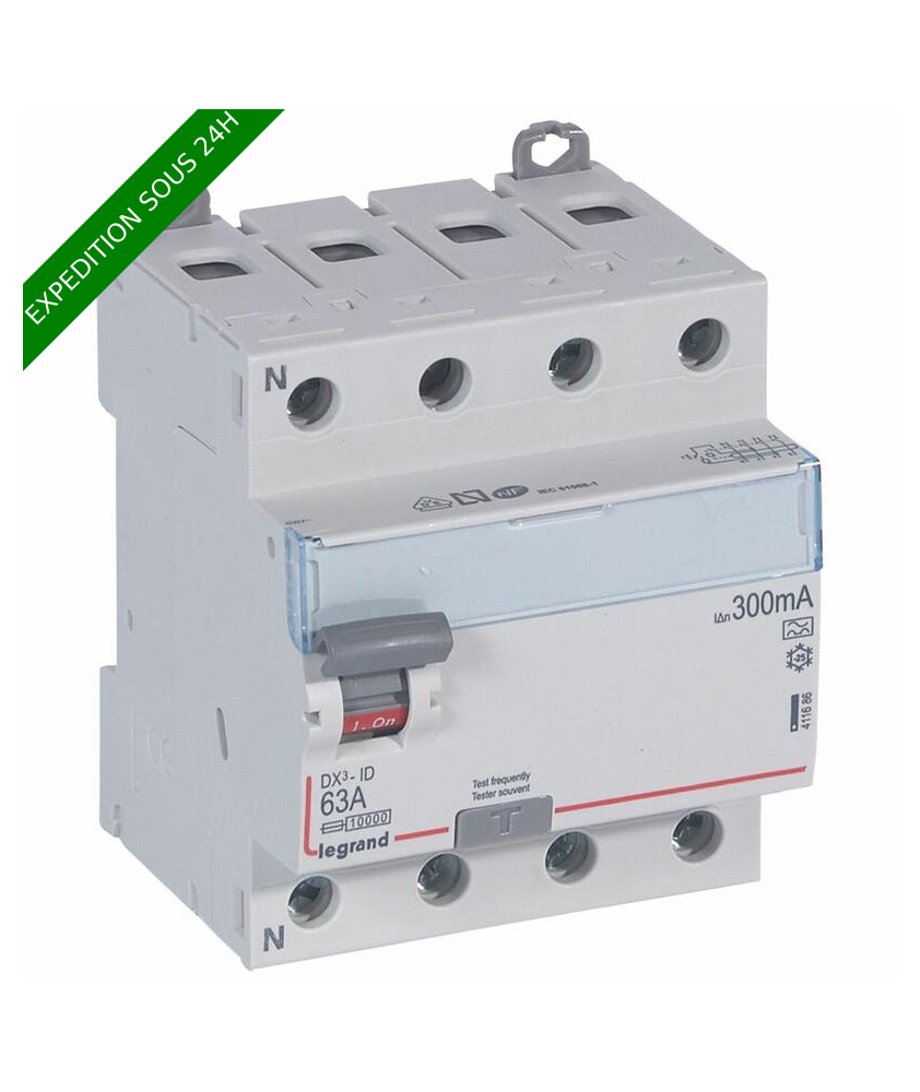 Interrupteur différentiel DX³-ID arrivée haute et départ bas à vis - 4P 400V~ 63A typeA 300mA - 4 modules réf : 411686