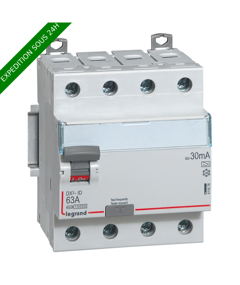 Interrupteur différentiel DX³-ID arrivée haute et départ bas à vis - 4P 400V~ 63A typeA 30mA - 4 modules réf : 411676