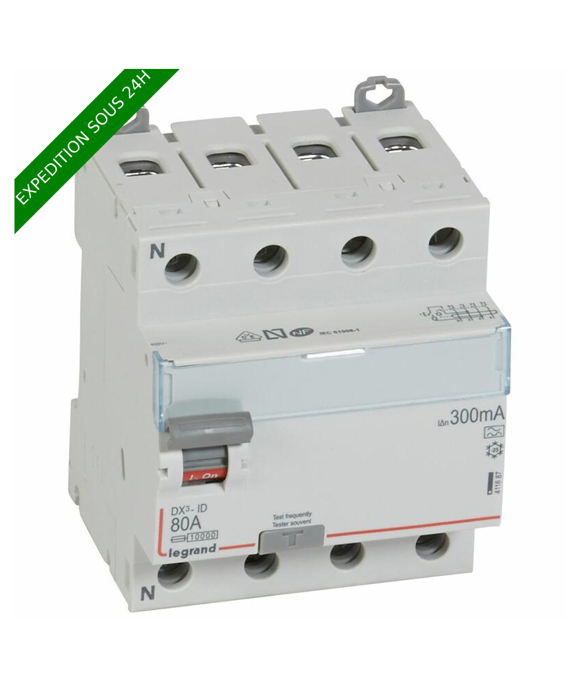 Interrupteur différentiel DX³-ID arrivée haute et départ bas à vis - 4P 400V~ 80A typeA 300mA - 4 modules réf : 411687