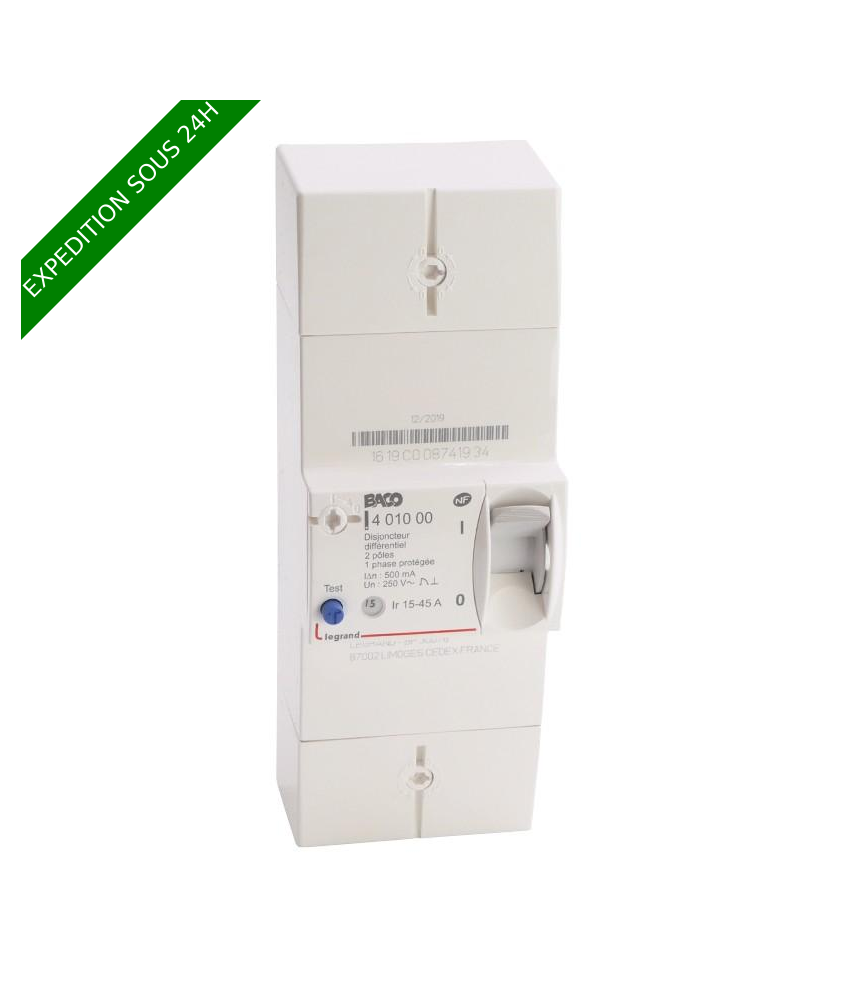 Legrand - Disjoncteur de branchement Enedis bipolaire différentiel 500mA instantané - 45A - Réf : 401000