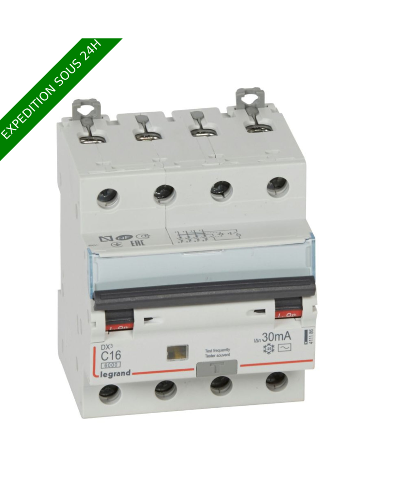 Legrand - Disjoncteur diff DX³ 6000 - vis/vis - 4P 400V~ - 16A - type AC 30mA - courbe C - 4 mod - Réf : 411186
