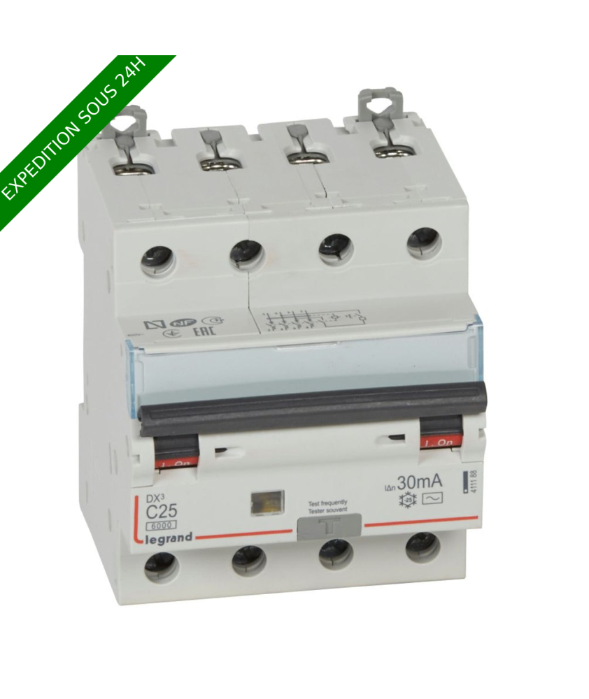 Legrand - Disjoncteur diff DX³ 6000 - vis/vis - 4P 400V~ - 25A - type AC 30mA - courbe C - 4 mod - Réf : 411188