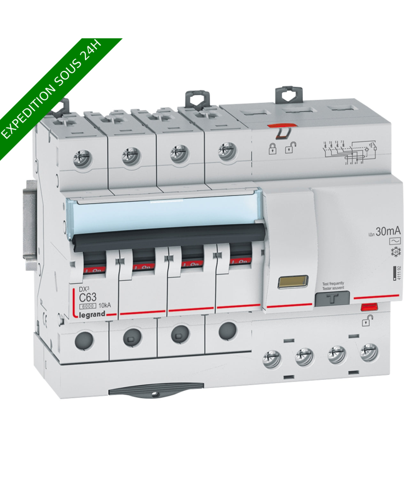 Legrand - Disjoncteur diff DX³ 6000 - vis/vis - 4P 400V~ - 63A - type AC 30mA - courbe C - 7 mod - Réf : 411192