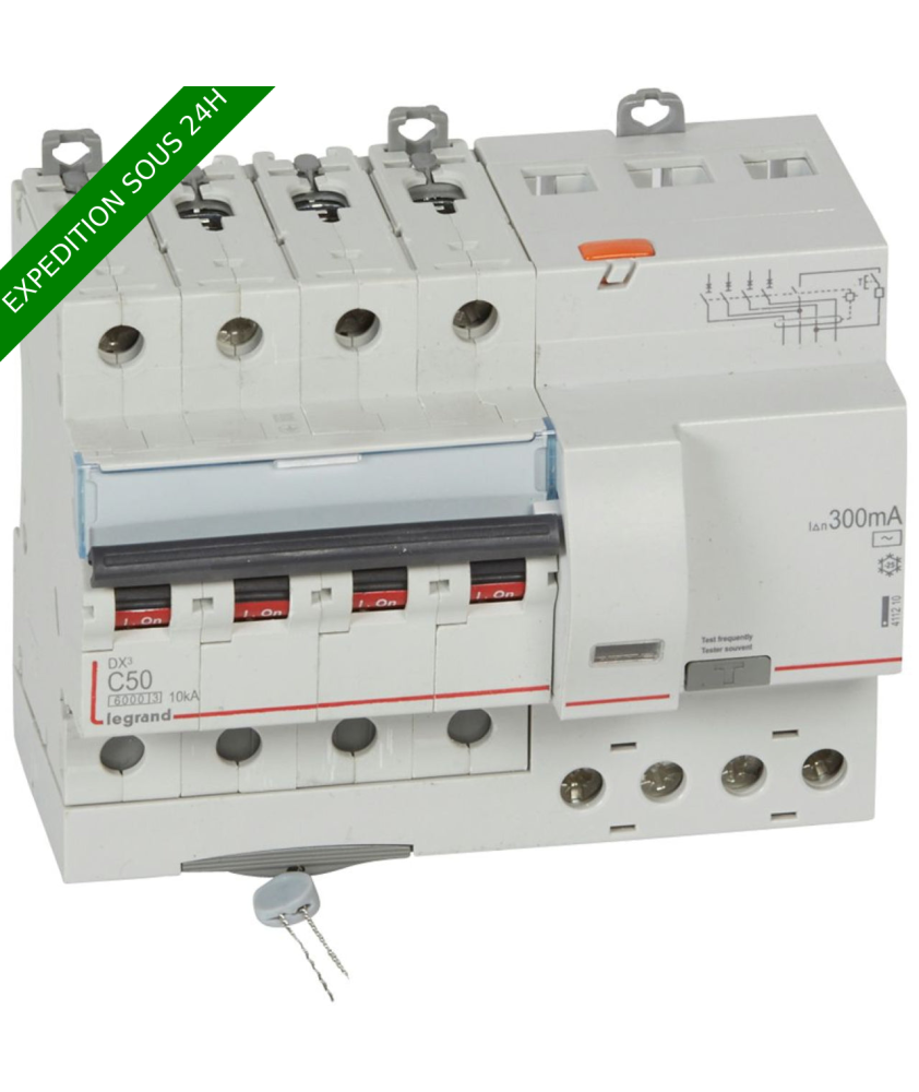 Legrand - Disjoncteur diff DX³ 6000 - vis/vis - 4P- 400V~ - 50A - typeAC 300mA - courbe C - 7 mod - Réf : 411210