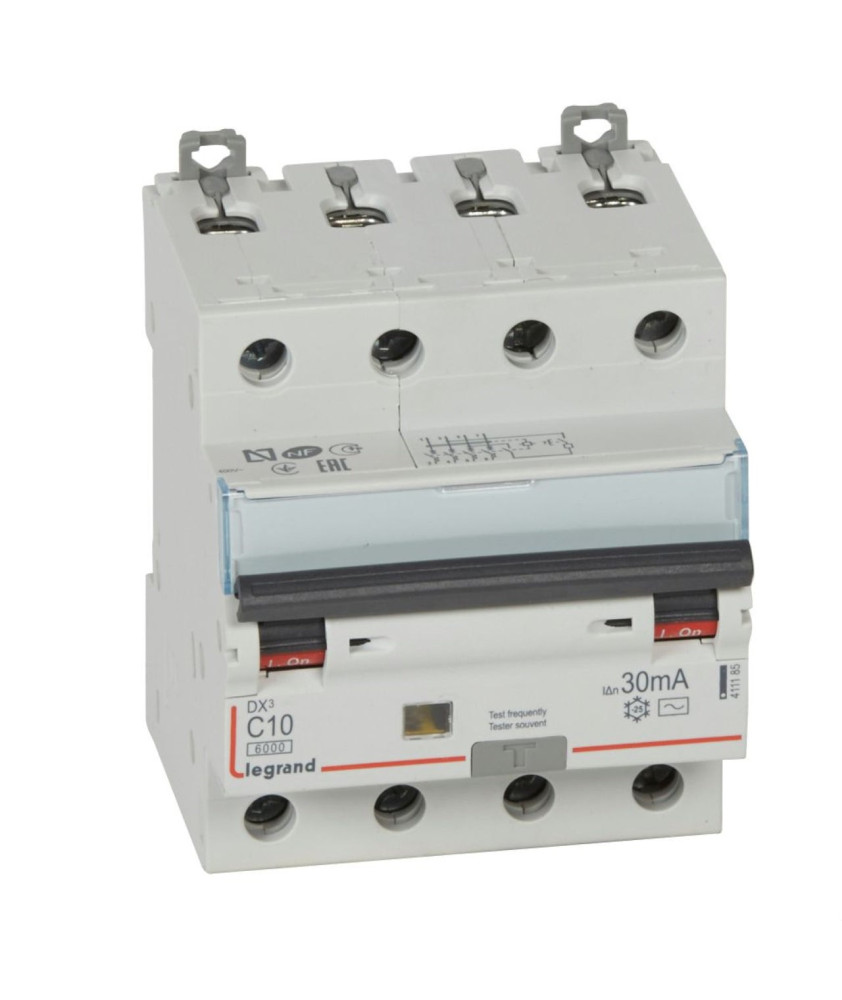 Legrand - Disjoncteur différentiel DX³ 6000 - vis/vis - 4P 400V~ - 10A - type AC 30mA - courbe C - 4 mod - Réf : 411185