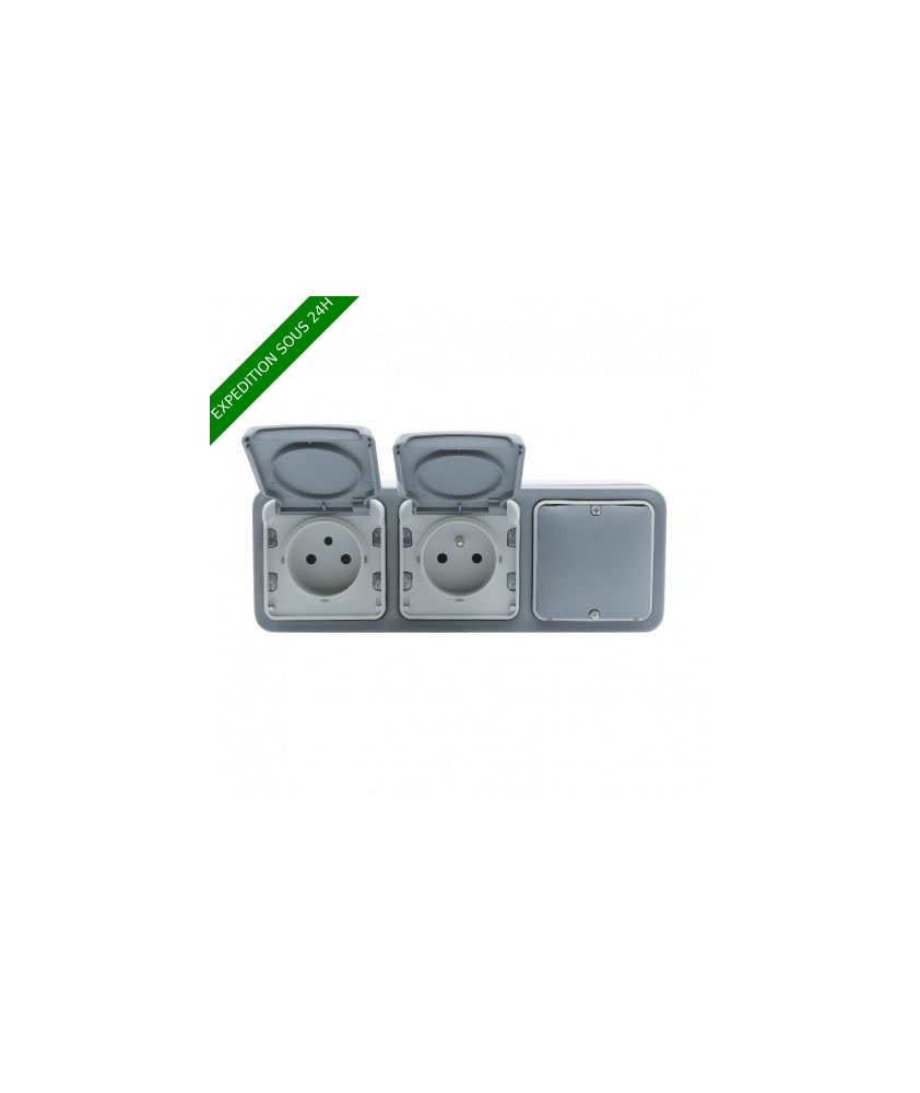 Legrand - Double prise de courant + obturateur Plexo complet apparent - Gris - Réf : 069909